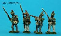 S63 - Four light infantry figures. Head turn and greatcoat roll variants.