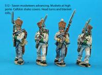 S12 - Advancing Saxon musketeers, muskets held at high porte, calfskin shako covers.
