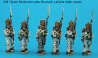 S38 - Six Saxon musketeers in march attack poses. Calfskin shako covers.
