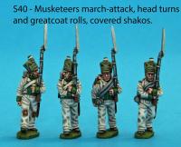 S40 - Four Saxon musketeers in march attack poses. Head turns and greatcoat rolls. Covered shakos.