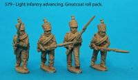 S79 - Four light infantry figures in advancing poses. Greatcoat roll pack.
