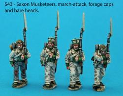 S43 - Four Saxon musketeers in march attack poses. Forage caps and bare heads.