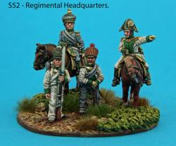 S52 – Musketeer regiment headquarters. Mounted colonel and major. Standing guard and sergeant-major.