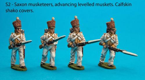 S2 Four Saxon musketeers with calfskin covered shakoes in advancing poses