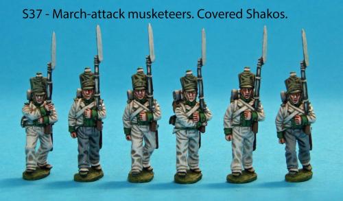 S37 - Six Saxon musketeers in march attack poses. Covered shakos.