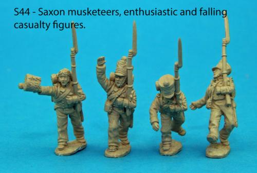 S44 - Four Saxon musketeers in march attack poses. Enthusiastic and casualty pack.