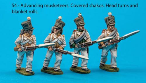 S4 - Four Saxon musketeers with covered shakos in advancing poses