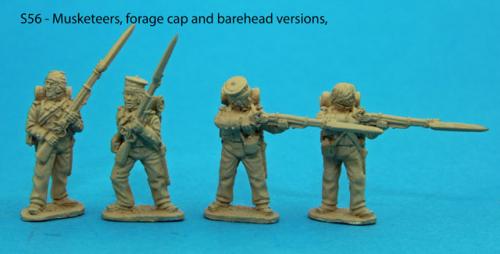 S56 – Four Saxon musketeers. Variations of figures from packs S53 and S54.